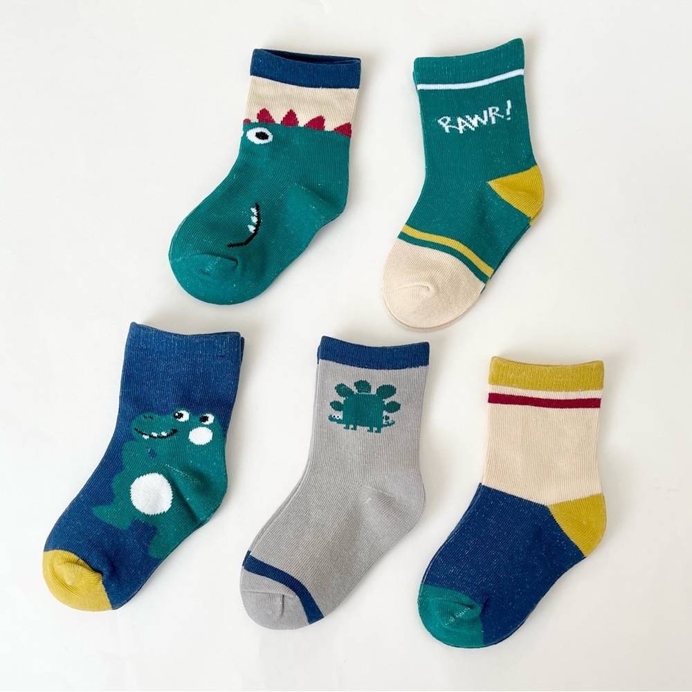 5 Pairs Boys Cotton Socks Blue/Green Dinosaur Pattern NWOT Size S (1-3 Y)